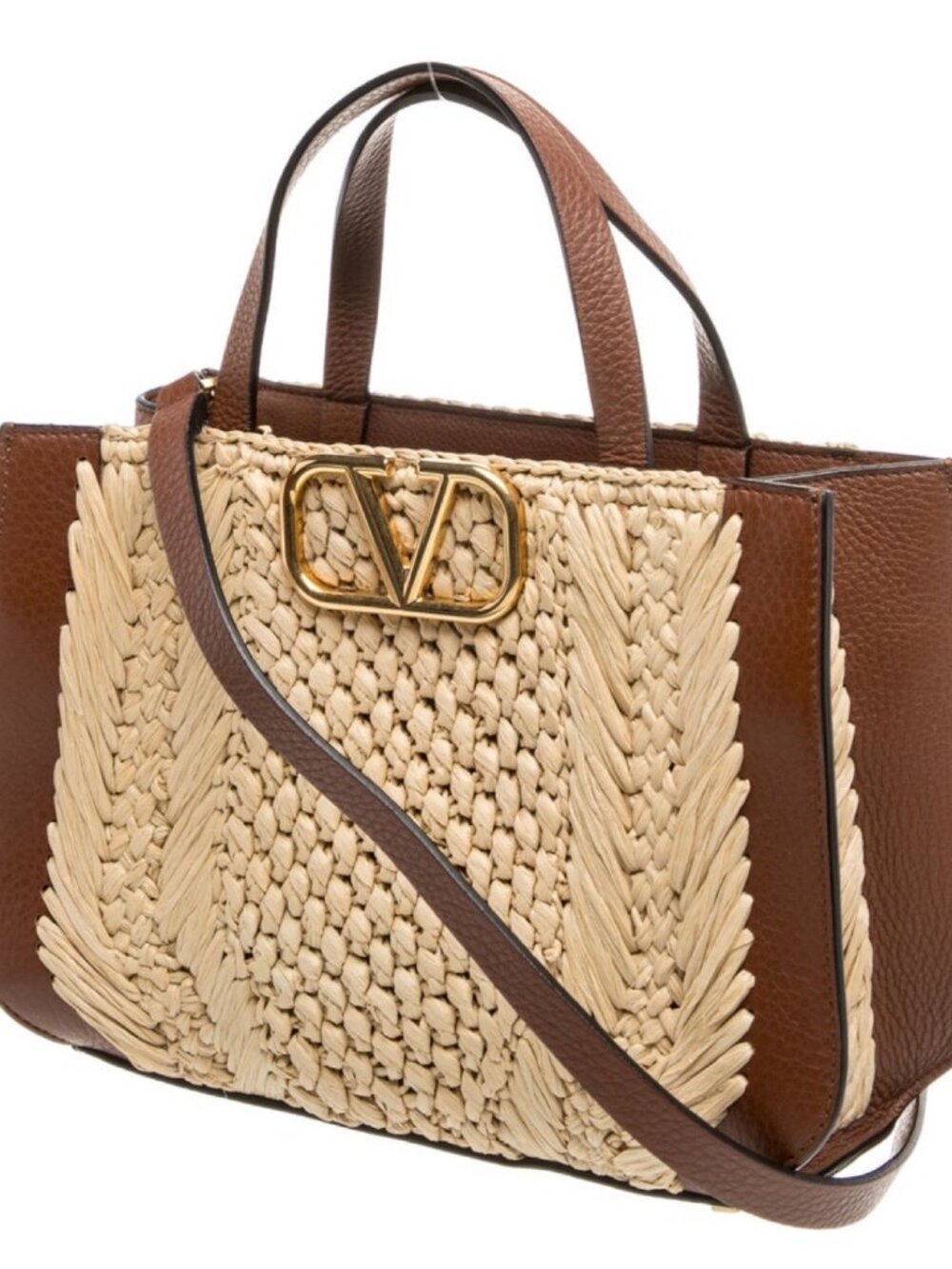 Valentino Garavani  v-logo small faux raffia and textured-leather tote